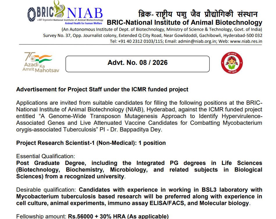 NIAB Hyderabad Recruitment 2026