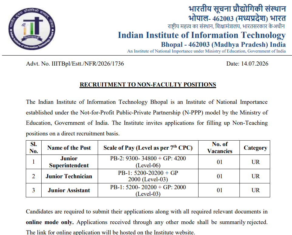 IIIT Bhopal Recruitment 2026